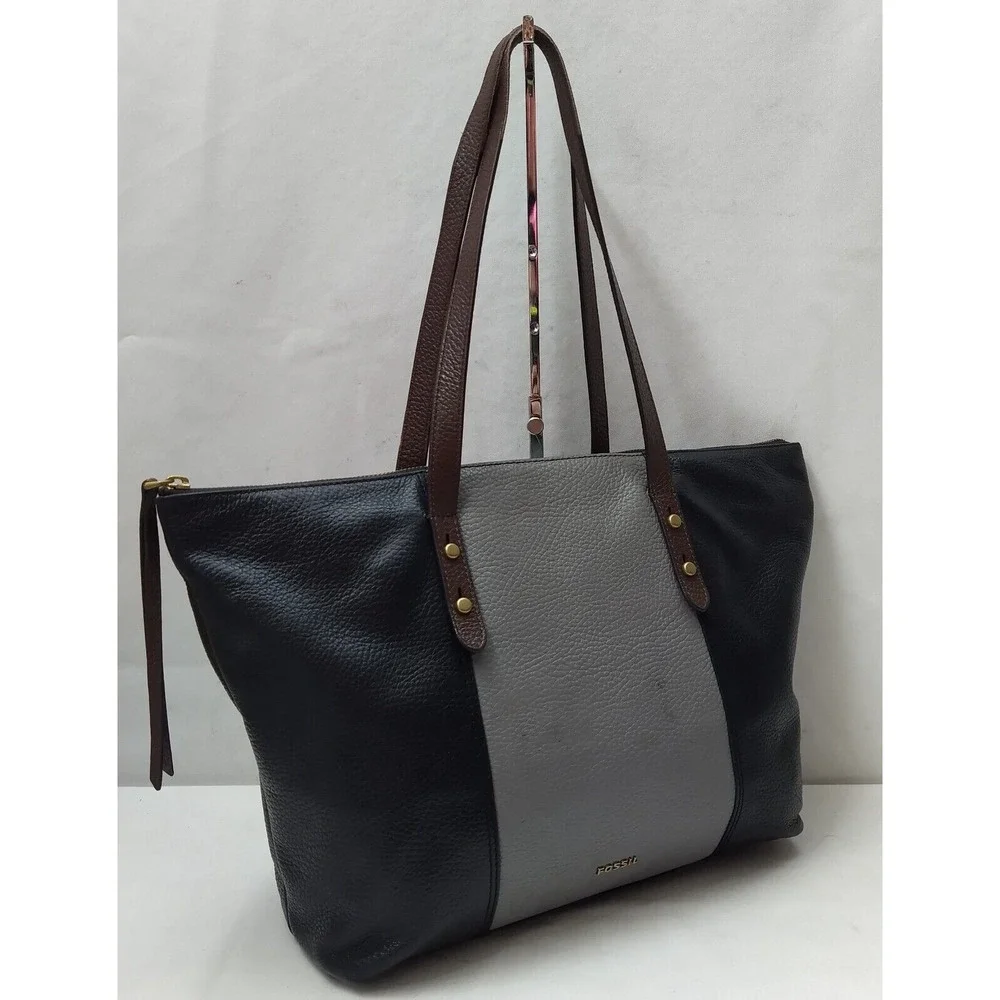 Fossil Colorblock Black Gray Pebbled Leather Double Handle Satchel Shoulder Bag